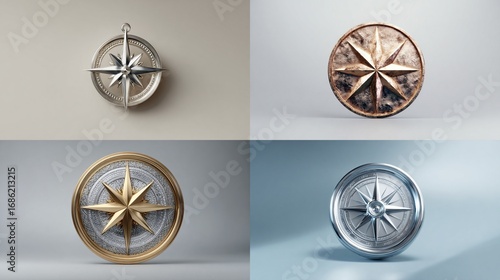 Four compass rose emblems in various metallic finishes, displayed on a light background