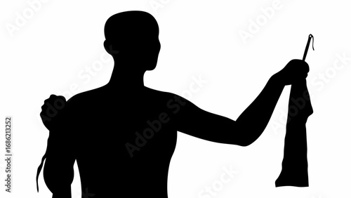 Silhouette of a person holding a cloth with a hook and their other hand clenched on a white background