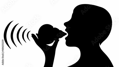 Silhouette of person holding a seashell to their mouth with sound waves emanating from the shell shape