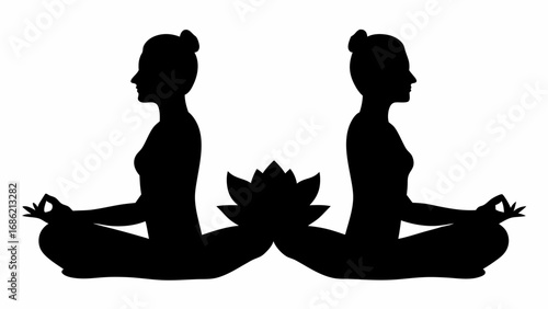 Two silhouettes of women in lotus position facing each other with a lotus flower between them in black