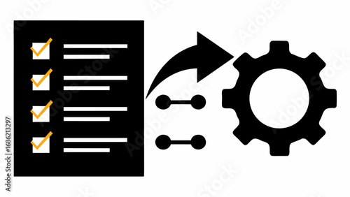 Checklist with checkmarks transforming via arrow and connections into a gear mechanism process diagram silhouette