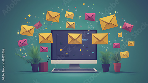 Digital Illustration: Desktop Computer with Floating Yellow/Pink Envelopes, Confetti, Teal Background