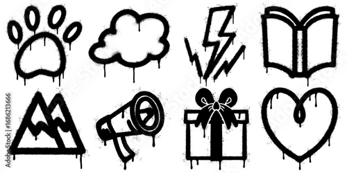 Set of graffiti style spray paint stencil icons with dripping ink effect. Includes paw print, cloud, lightning bolt, open book, mountain, megaphone, present box, and heart.