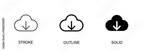 Cloud download icons for technology, computers, online storage, data. Vector stroke, outline and solid icons. EPS10.