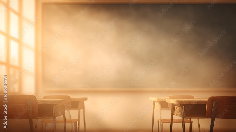 Fototapeta premium Community classroom with chalk dust haze in morning sun, warm golden palette
