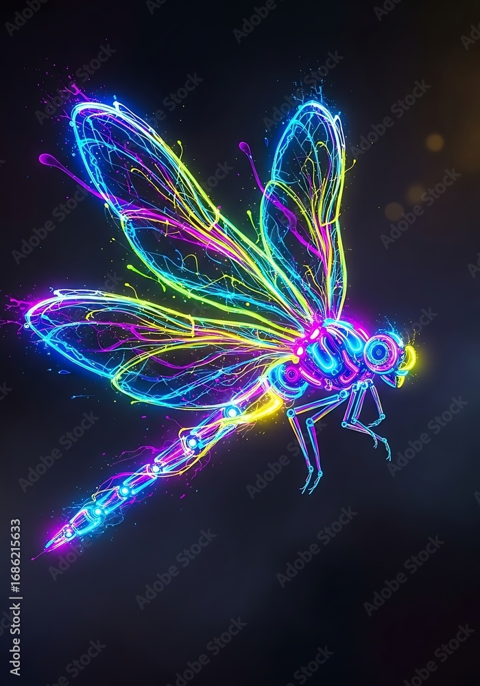 Fototapeta premium Radiant dragonfly illuminated with vibrant neon colors against a dark background bringing fantasy to life