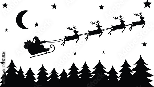 Christmas Eve Santa Silhouette Delivering Gifts with Reindeer over Forest