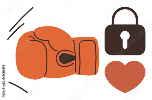 Boxing glove striking with impact, next to a secure padlock and heart. Ideal for themes thumbs up strength, protection, emotional resilience, self-defense, safety, relationships motivation. Simple