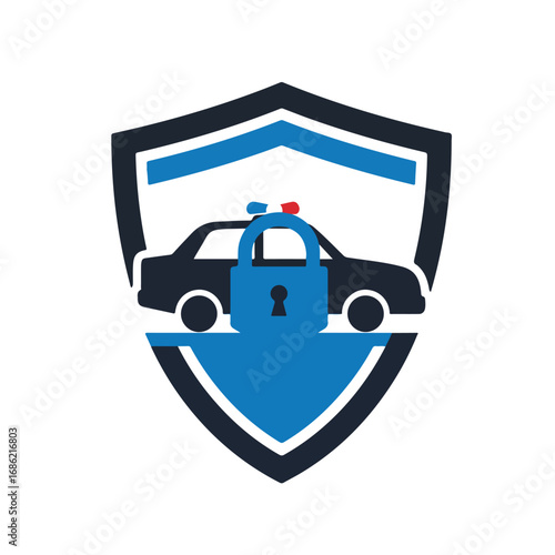 A blue shield with a police car behind a padlock A blue and red siren is on the car