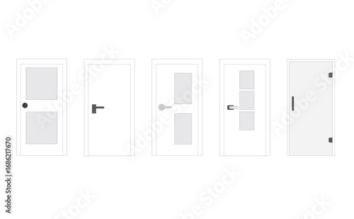Door type icons Collection in linear style Home entrance doors, classic interior doors, elevators and wooden or glass safes Simple design vector illustration on white background