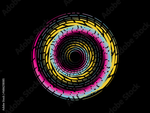Vector background of rotating elliptical 3D shapes, consisting of a pattern of squares and wavy lines with colorful gradations.	