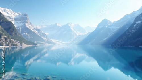 Wallpaper Mural Serene Lake: Majestic Mountains and Clear Blue Water with Stunning Panoramic Views Torontodigital.ca