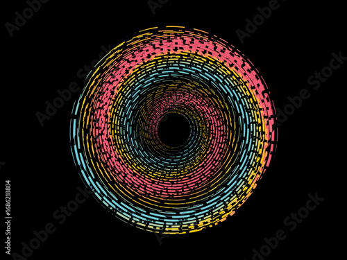 Vector background of rotating elliptical 3D shapes, consisting of a pattern of squares and wavy lines with colorful gradations.	