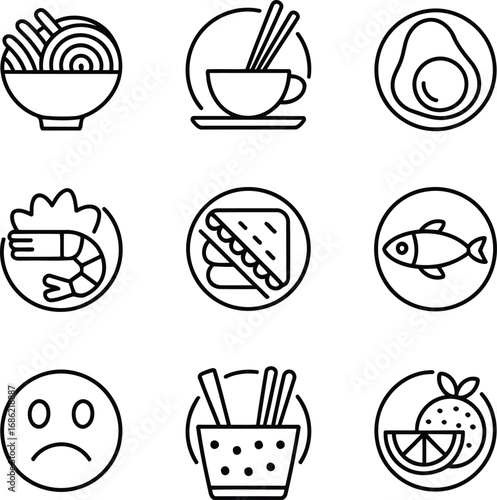 Detailed Line Art Food Icons Representing Diverse Culinary Delights Noodles Egg Tea Sandwich Shrimp Fish Fries Orange and Unhappy Emoticon Symbolizing Displeasure