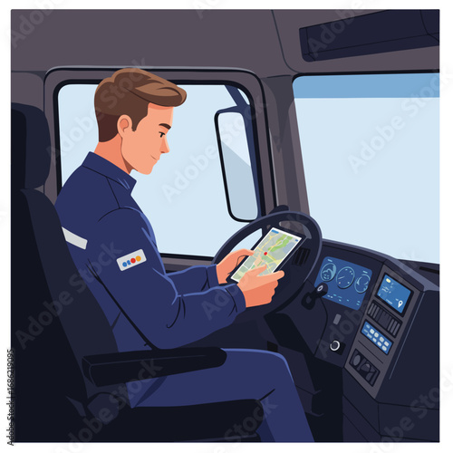 A driver in a blue uniform looks at a tablet displaying a map inside a vehicle