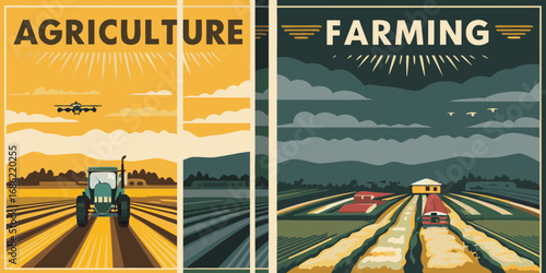 Vintage style illustration of agriculture and farming with tractor airplane and harvest machinery