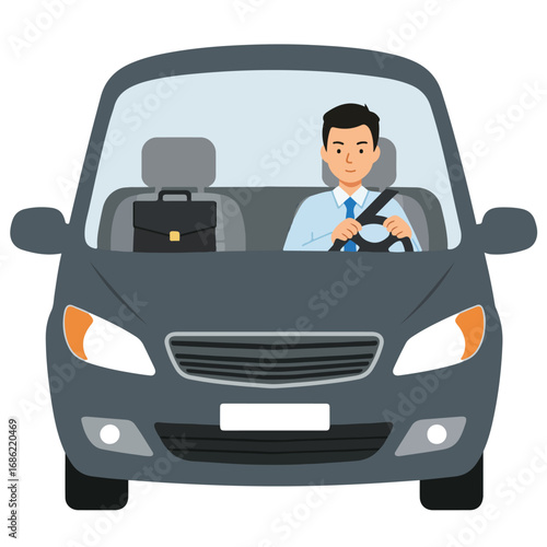 A gray car with a man driving a briefcase on the passenger seat