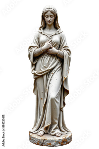 Elegant religious statue of the Virgin Mary with serene expression, standing on a detailed base, dressed in flowing robes, symbolizing purity and compassion