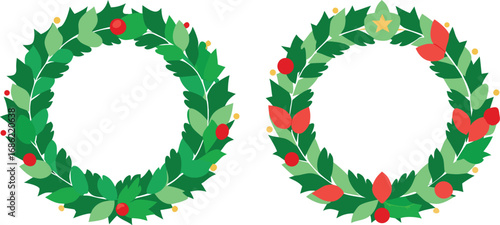 Vector Christmas wreath set with winter floral elements. Season greeting card 