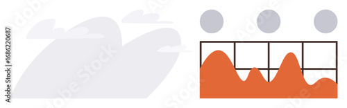 Orange graph with fluctuating peaks in a grid layout beside clouds. Ideal for data analysis, performance tracking, forecasting, cloud storage, analytics, decision-making, business trends. A simple