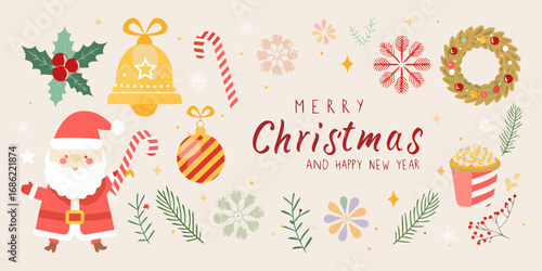 Charming christmas and new year illustration featuring santa claus festive ornaments and seasonal elements