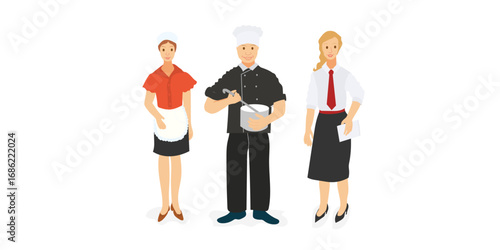 Line-up group of restaurant staff characters in trendy flat design, vector. Chef, assistants, manager or host, waitress or hostess. Catering professionals team personages