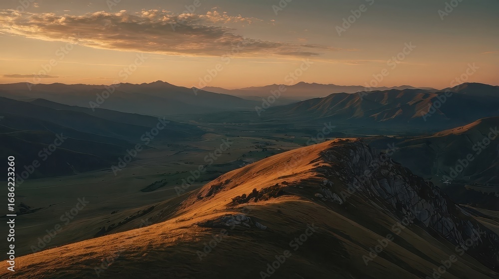 Fototapeta premium Golden hour illuminates a vast mountain range with a serene valley view