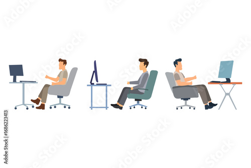 Man Working at Computer Desk Illustration Collection Set