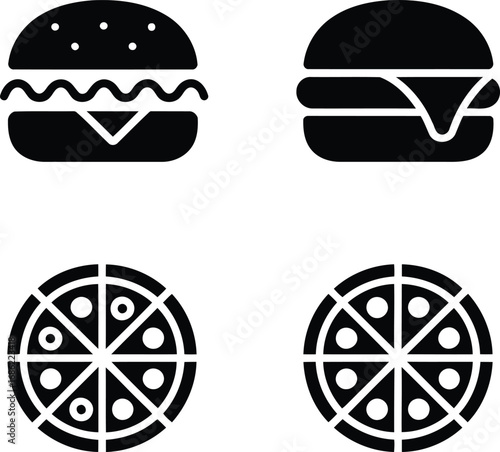 A set of fast food glyphs including hamburgers with cheese and sesame seeds and pizzas cut into eight slices with pepperoni