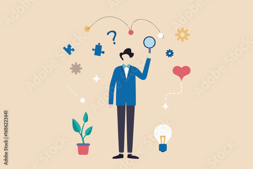 Man with magnifying glass looking for solutions and ideas with puzzle pieces and lightbulb