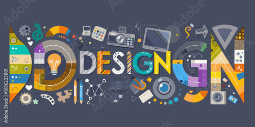 Creative word art spelling out design with colorful illustrations of design tools and concepts