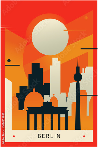 Berlin city brutalism poster with abstract skyline, cityscape retro vector illustration. Germany capital travel front cover, brochure, flyer, leaflet, business presentation template image