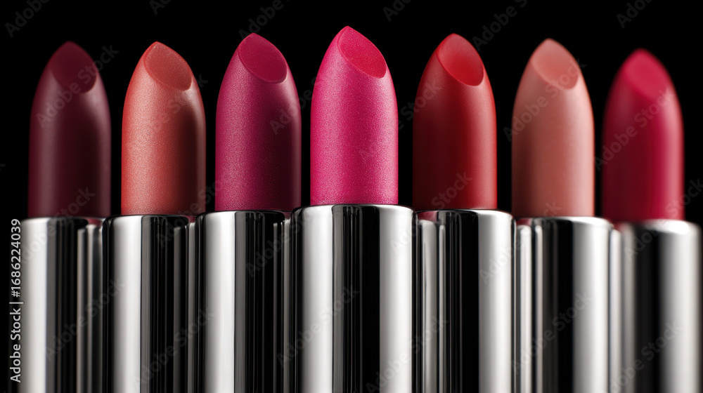 Obraz premium Luxurious collection of lipsticks in various shades, showcasing vibrant colors and smooth textures. Perfect for enhancing beauty and expressing individuality