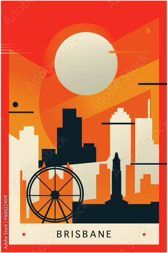 Brisbane city brutalism poster with abstract skyline, cityscape retro vector illustration. Australia megapolis travel front cover, brochure, flyer, leaflet, business presentation template image
