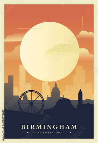 Birmingham city brutalism poster with abstract skyline, cityscape retro vector illustration. England, UK town travel front cover, brochure, flyer, leaflet, business presentation template image