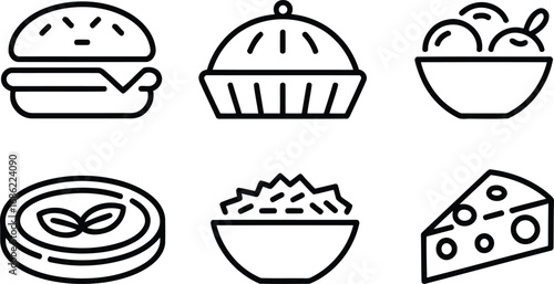 Delicious Food Icons An Assortment of Culinary Delights Featuring a Burger Pie Ice Cream Mochi Salad and Piece of Cheese Illustration