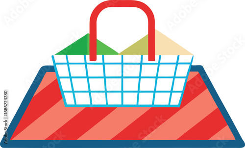 Picnic basket filled with colorful food items on a striped blanket