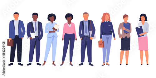 Diverse group of business professionals standing together in professional attire holding briefcases and documents