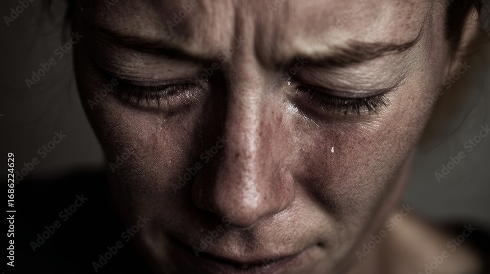 Fototapeta premium Sad woman crying with a teardrop on her cheek for mental health editorial advertising campaigns.