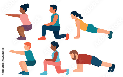 People Doing Fitness Exercises – Workout, Training, and Healthy Lifestyle Vector