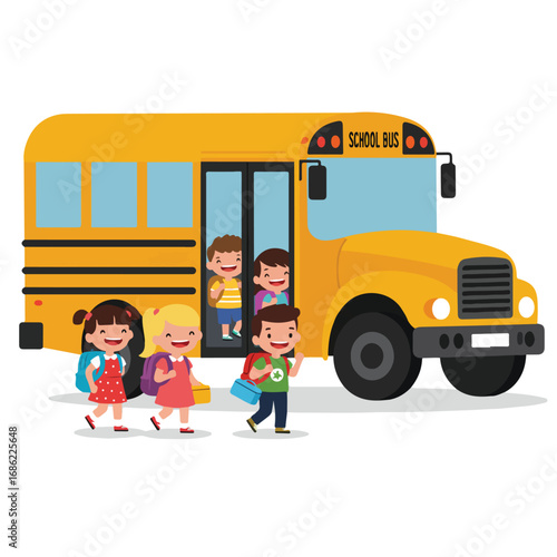 A yellow school bus with children exiting smiling
