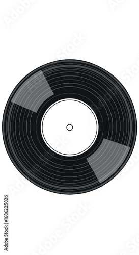 Black Vinyl Record with White Label on White Background.