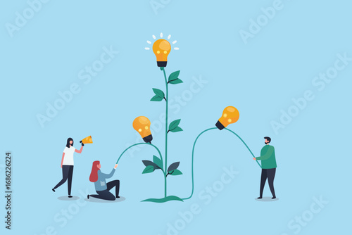 Team nurturing a plant with light bulbs representing ideas and innovation growth