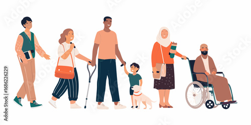 Diverse group of people walking together including a person in a wheelchair and a person with a cane