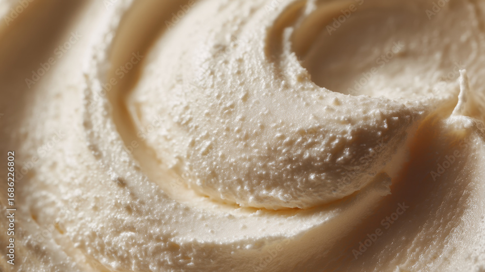 Obraz premium Creamy texture of smooth frosting swirled elegantly, showcasing rich, buttery appearance that invites indulgence and delight. Perfect for desserts and celebrations
