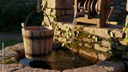 Rustic Wooden Well with Water Flowing into Basin