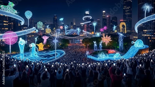 Spectacular Nighttime Lightshow: Cityscape Illuminated by Digital Art