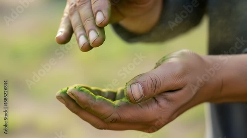 Close-up of Farmer's Hands Holding Green Powder