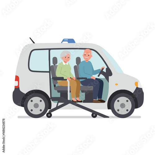 An elderly couple inside a white van with a wheelchair ramp
