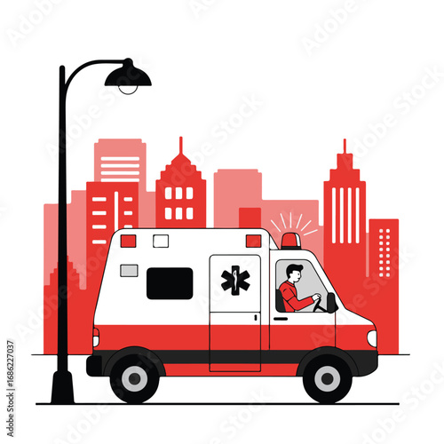 An ambulance with a driver in a cityscape near a lamppost